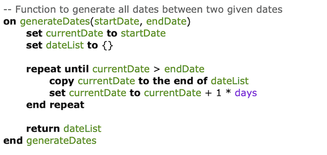 A sample of AppleScript code that shows how it is formatted.