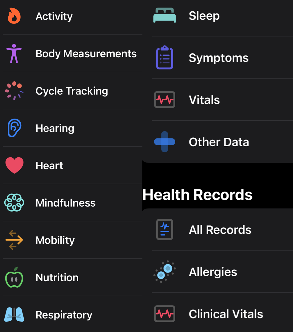 health categories available in Apple Health app