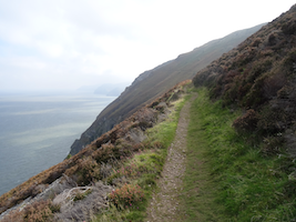 A section of the South West Coast Path hugging a hill-side above the sea.