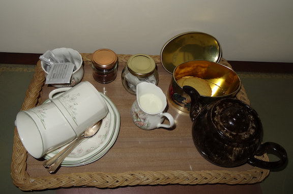 a tea service laid out in the room at a B&B